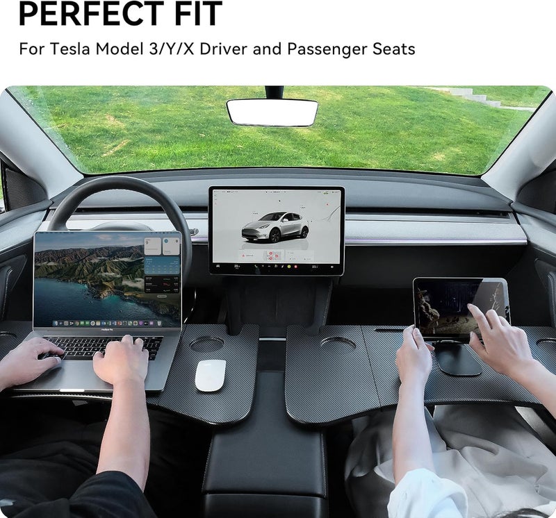 YONZEE Foldable Desk Food Tray (Carbon Edition) for Tesla Model Y Model 3 S X Y Juniper- Upgraded Table with Support Leg for Dining, in-Car Work, Travel and Outdoor (1 Pack) - Image 2